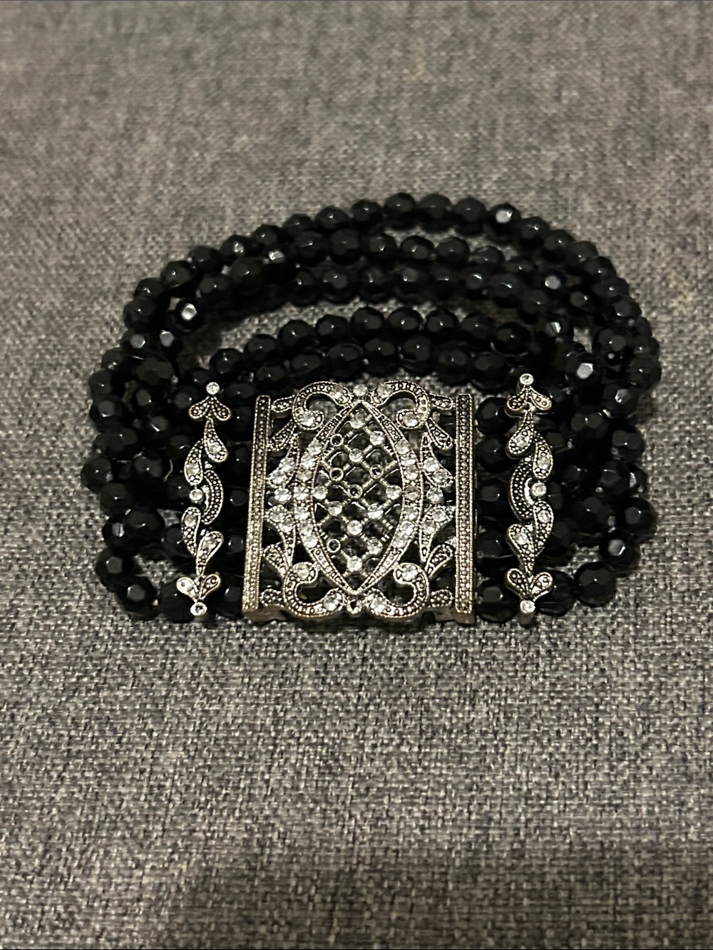 Multi-Strand Black Beaded Bracelet with Silver Filigree Clasp